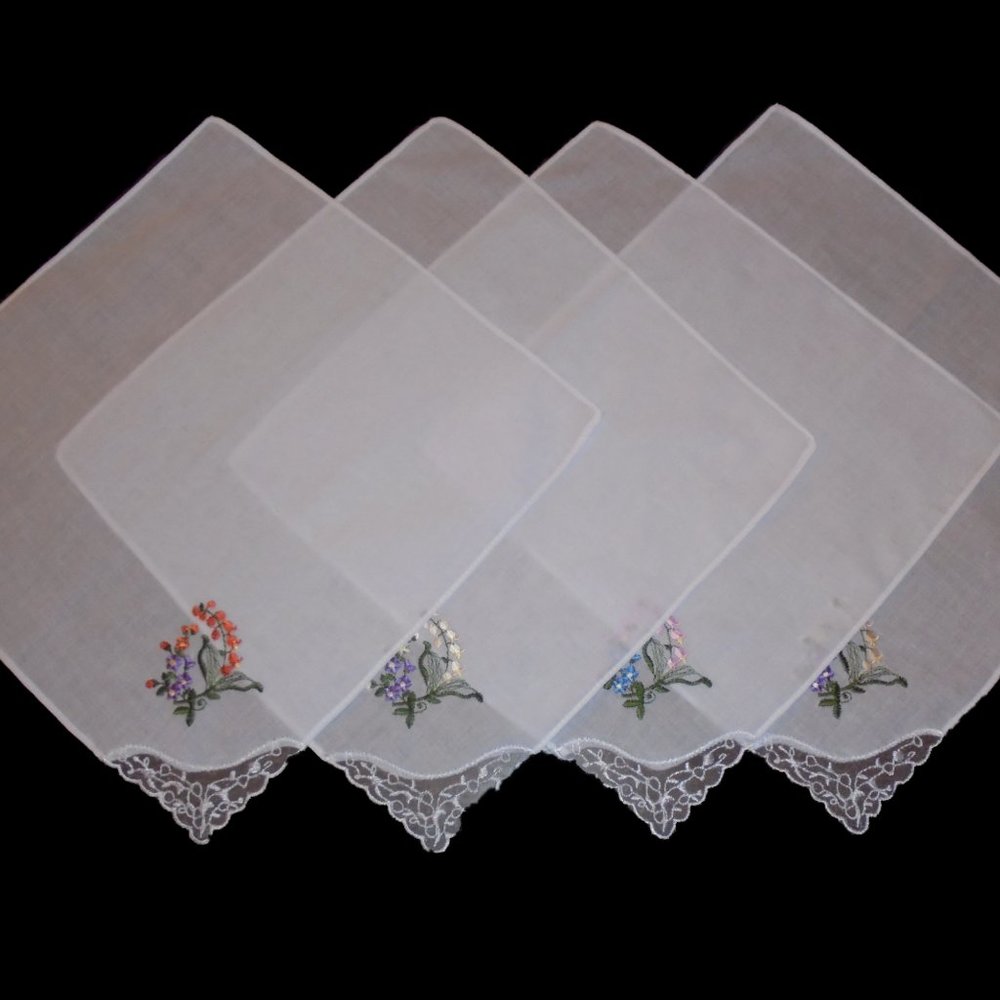 Handkerchiefs Set of 4 Embroidered Cotton 10.5" x 10.5"